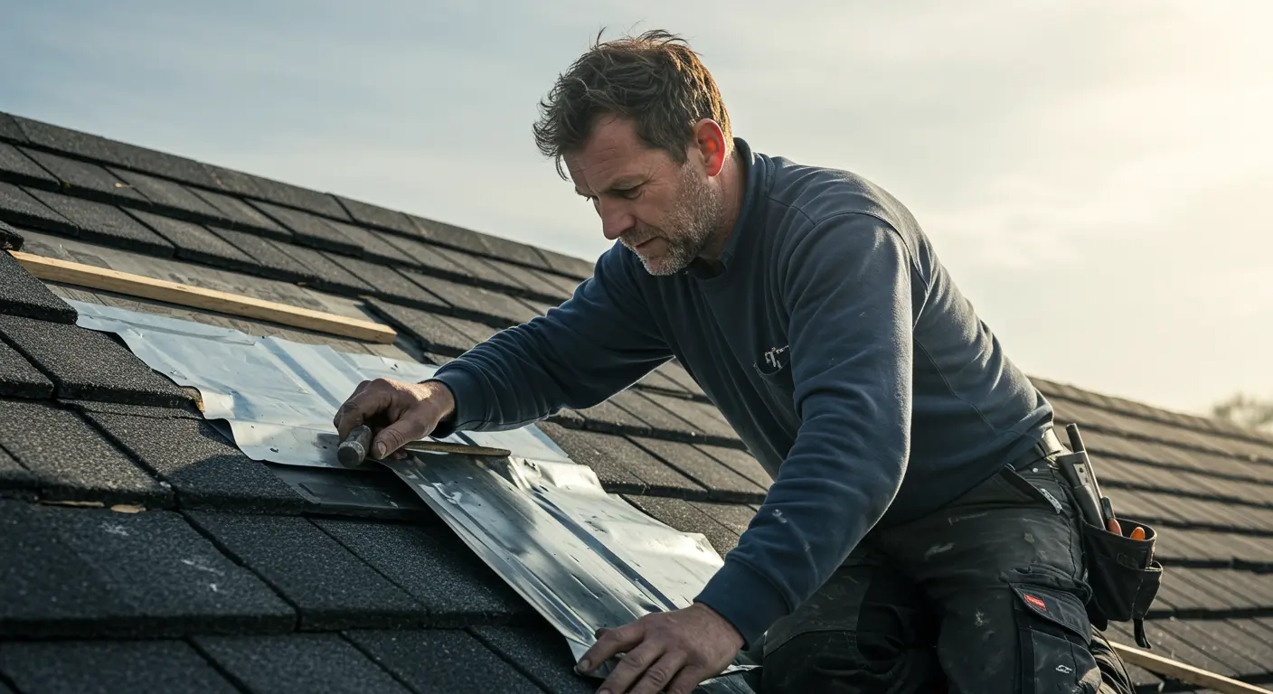 roofing professional installing flashing on a roof