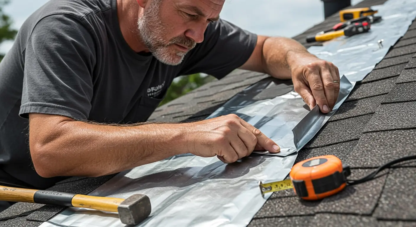 a male roofer installing roof flashing on a roof